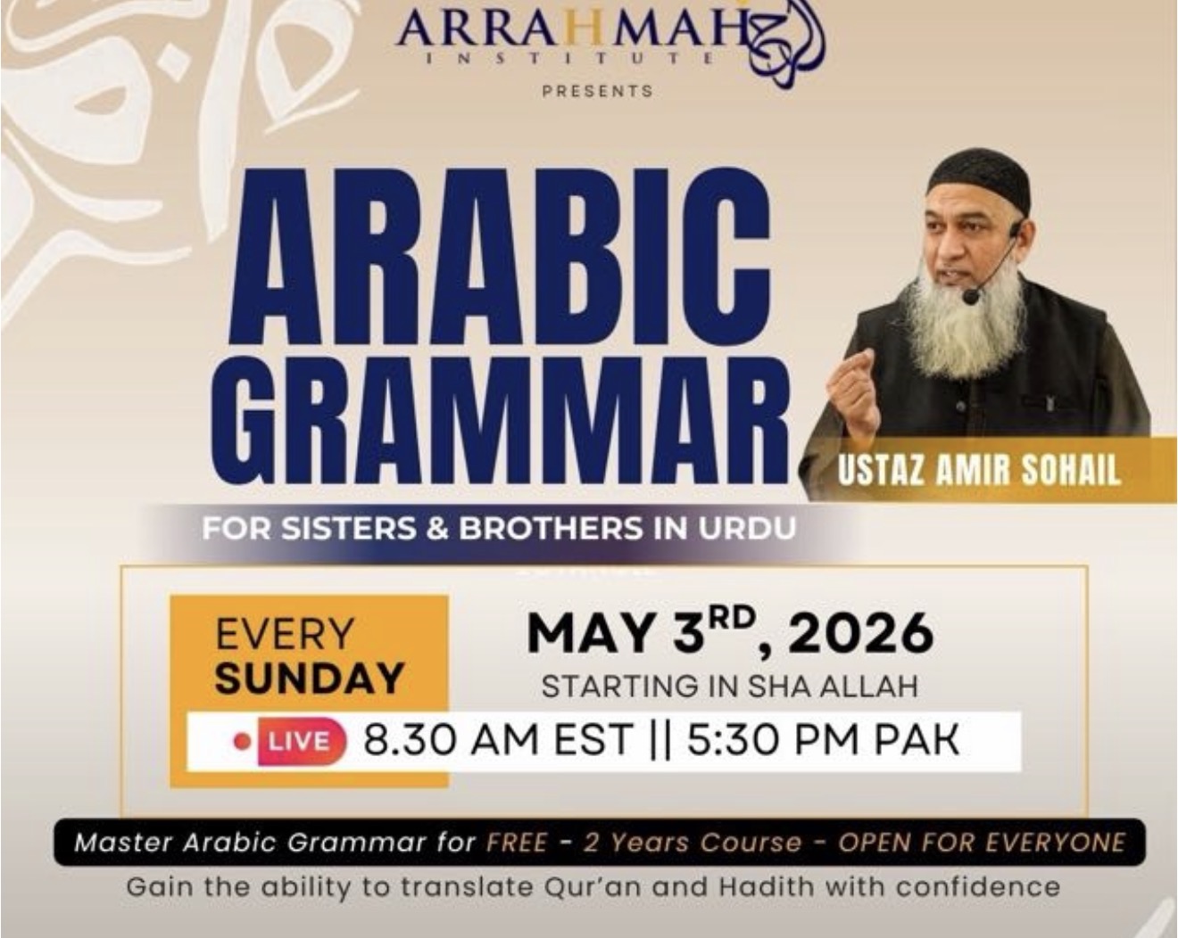 Ar-Rahmah Institute — Arabic Grammar Course (Free, every Sunday, starting May 3, 2026)